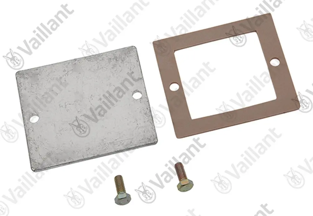 Zwei Metallplatten von Vaillant, eine rechteckige Platte mit zwei Bohrungen und eine zweite mit quadratischer Öffnung sowie zwei dazugehörige Schrauben.